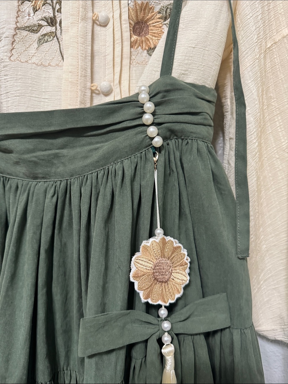 Cream & Olive Floral Embroidered Long Sleeve Dress with Suspender Skirt - Picture 3 of 16